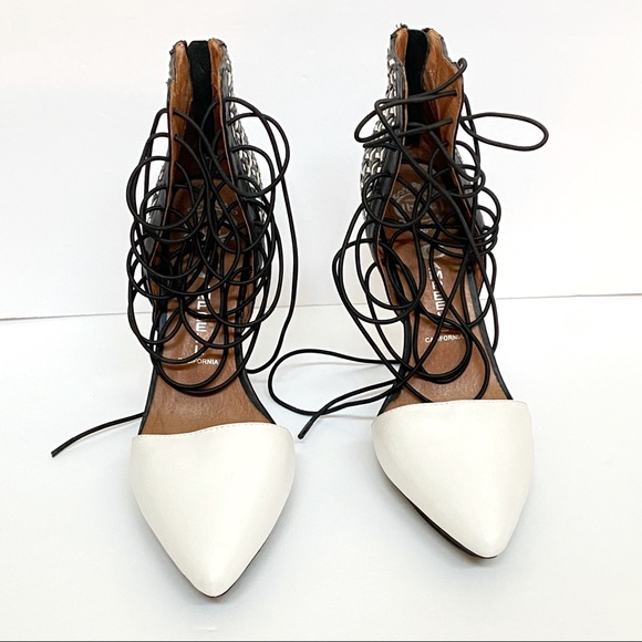 Jeffrey Campbell Roulette black white pointed toe lace up ankle open sides heels - Picture 3 of 11